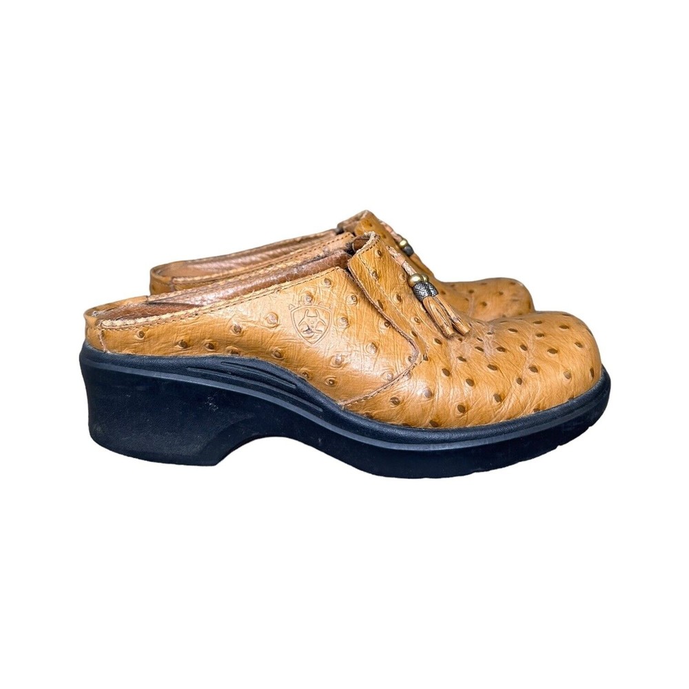 Ariat Mules Clogs Brown Leather Ostrich Print Slip On Western Shoes Women's 8.5